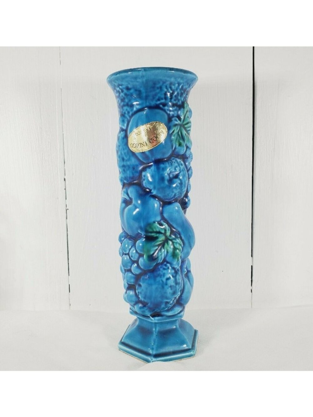 Vintage Mood Indigo Blue Vase 8" Inarco Pottery ceramic raised relief decorative